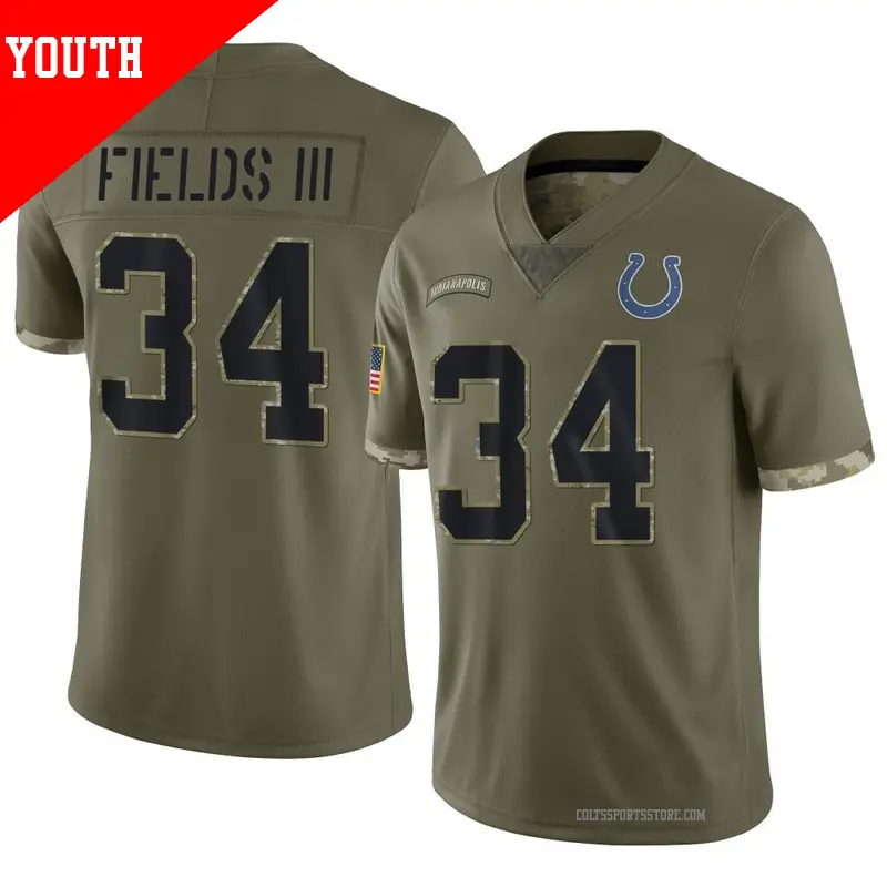 Youth 34 Clay Fields III Indianapolis Colts Limited Olive 2022 Salute To Service Jersey